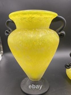 Vintage Murano Style Yellow Scavo Art Glass Vase Pair Attr Cenedese/Seguso