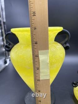 Vintage Murano Style Yellow Scavo Art Glass Vase Pair Attr Cenedese/Seguso