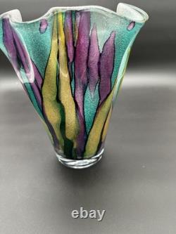 Vintage Murano StyleArt Glass Handkerchief Ruffle Vase Purple Silver Glitter