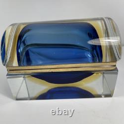 Vintage Murano Summerso Blue Block Glass Box With Brass Trim Signed 5.25 in