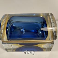 Vintage Murano Summerso Blue Block Glass Box With Brass Trim Signed 5.25 in