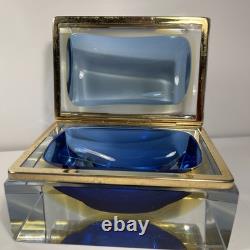 Vintage Murano Summerso Blue Block Glass Box With Brass Trim Signed 5.25 in