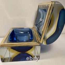 Vintage Murano Summerso Blue Block Glass Box With Brass Trim Signed 5.25 in