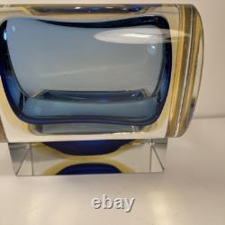 Vintage Murano Summerso Blue Block Glass Box With Brass Trim Signed 5.25 in