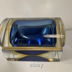 Vintage Murano Summerso Blue Block Glass Box With Brass Trim Signed 5.25 in