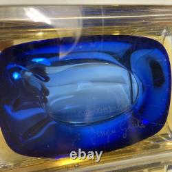 Vintage Murano Summerso Blue Block Glass Box With Brass Trim Signed 5.25 in