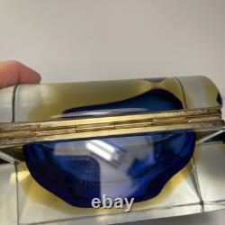 Vintage Murano Summerso Blue Block Glass Box With Brass Trim Signed 5.25 in