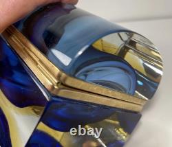 Vintage Murano Summerso Blue Block Glass Box With Brass Trim Signed 5.25 in