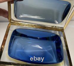 Vintage Murano Summerso Blue Block Glass Box With Brass Trim Signed 5.25 in