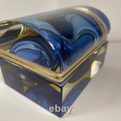 Vintage Murano Summerso Blue Block Glass Box With Brass Trim Signed 5.25 in