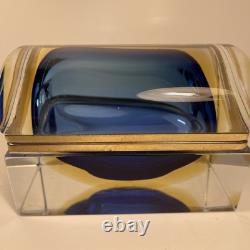 Vintage Murano Summerso Blue Block Glass Box With Brass Trim Signed 5.25 in