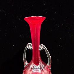 Vintage Murano Tall Red Vase W Handles Art Glass 14T 3W Round Clear Swirl