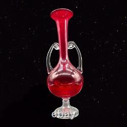 Vintage Murano Tall Red Vase W Handles Art Glass 14T 3W Round Clear Swirl