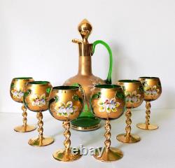 Vintage Murano Tre Fuochi Green Wine Decanter Set 6 Glasses 24k Gold