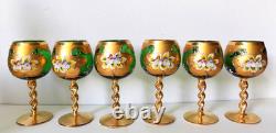 Vintage Murano Tre Fuochi Green Wine Decanter Set 6 Glasses 24k Gold