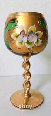 Vintage Murano Tre Fuochi Green Wine Decanter Set 6 Glasses 24k Gold