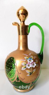 Vintage Murano Tre Fuochi Green Wine Decanter Set 6 Glasses 24k Gold