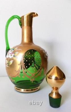 Vintage Murano Tre Fuochi Green Wine Decanter Set 6 Glasses 24k Gold