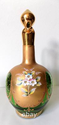 Vintage Murano Tre Fuochi Green Wine Decanter Set 6 Glasses 24k Gold