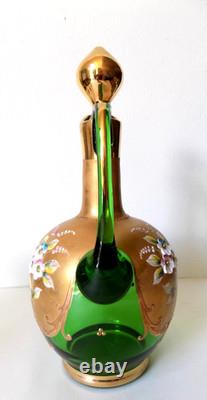 Vintage Murano Tre Fuochi Green Wine Decanter Set 6 Glasses 24k Gold