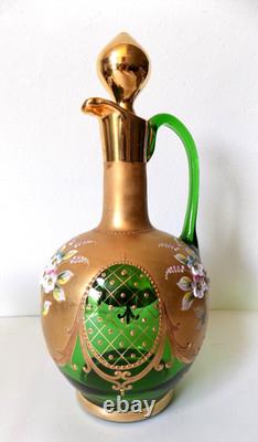 Vintage Murano Tre Fuochi Green Wine Decanter Set 6 Glasses 24k Gold