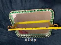 Vintage Murano Twisted Glass Rope Green Brass Dresser Vanity Tray Mirror 12x10