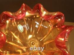 Vintage Murano Two Tone Ruby Red Hand Blown Glass Bowl Footed Metal Base