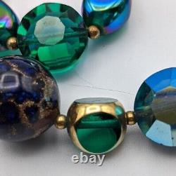 Vintage Murano Venetian Art Glass Double Strand Necklace Greens Blues Gold Etc