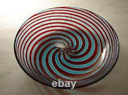 Vintage Murano Venetian Art Glass Shallow Bowl Dish Blue Red Spiral Swirl design