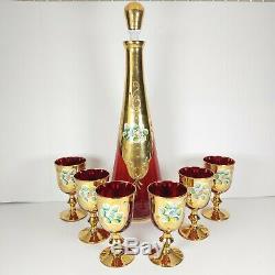 Vintage Murano Venetian Decanter Cup Set Italian Glass Red Ruby 24k Gold Wine