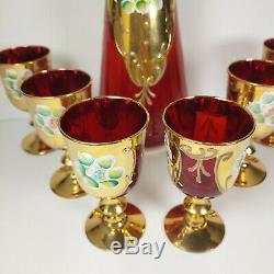 Vintage Murano Venetian Decanter Cup Set Italian Glass Red Ruby 24k Gold Wine