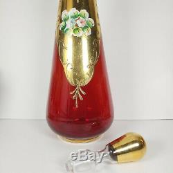 Vintage Murano Venetian Decanter Cup Set Italian Glass Red Ruby 24k Gold Wine