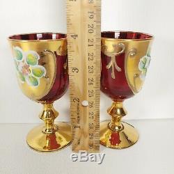 Vintage Murano Venetian Decanter Cup Set Italian Glass Red Ruby 24k Gold Wine