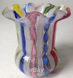 Vintage Murano Venetian Glass Bud Vase Toothpick Holder Latticino Ribbons 2.75
