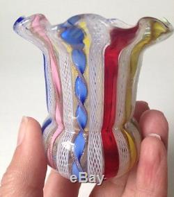 Vintage Murano Venetian Glass Bud Vase Toothpick Holder Latticino Ribbons 2.75