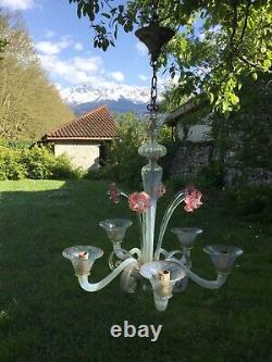 Vintage Murano Venetian Glass Chandelier Ceiling Light Mouth Blown Clear Flowers