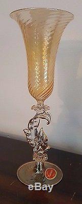 Vintage Murano Venetian Glass Gold Champagne Flute with Dolphin Stem