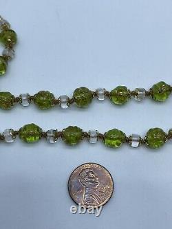 Vintage Murano Venetian Glass Necklace Knotted White & Green Beads with Gold Foil