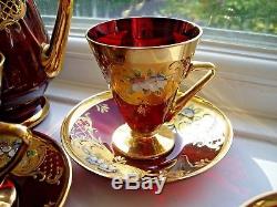 Vintage Murano Venetian ruby glass gold & high relief enamelled coffee tea set