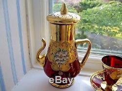 Vintage Murano Venetian ruby glass gold & high relief enamelled coffee tea set