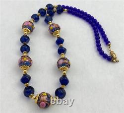 Vintage Murano Wedding Cake Royal Blue Glass Bead Necklace 22 Long