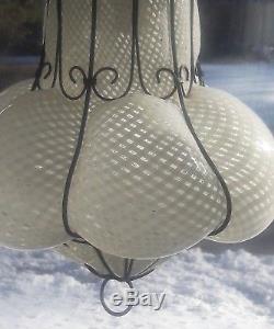 Vintage Murano White Basket weave Art Glass Caged Light Fixture Pendant Lamp
