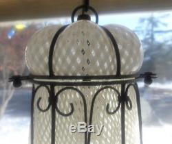 Vintage Murano White Basket weave Art Glass Caged Light Fixture Pendant Lamp