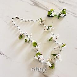 Vintage Murano White Glass Doves & Leaf Necklace & Clip-on Earrings 1950s Italy