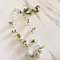 Vintage Murano White Glass Doves & Leaf Necklace & Clip-on Earrings 1950s Italy