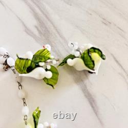 Vintage Murano White Glass Doves & Leaf Necklace & Clip-on Earrings 1950s Italy