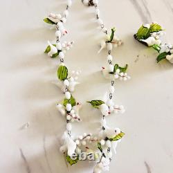 Vintage Murano White Glass Doves & Leaf Necklace & Clip-on Earrings 1950s Italy