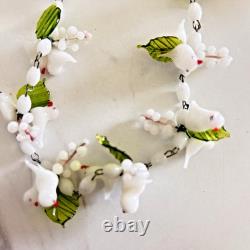 Vintage Murano White Glass Doves & Leaf Necklace & Clip-on Earrings 1950s Italy