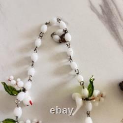 Vintage Murano White Glass Doves & Leaf Necklace & Clip-on Earrings 1950s Italy