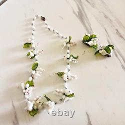 Vintage Murano White Glass Doves & Leaf Necklace & Clip-on Earrings 1950s Italy